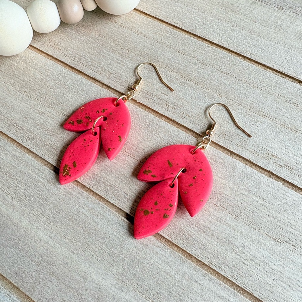 Coral Drop Earring with Gold Leaf Accents – Boho Chic Statement Handmade Jewelry